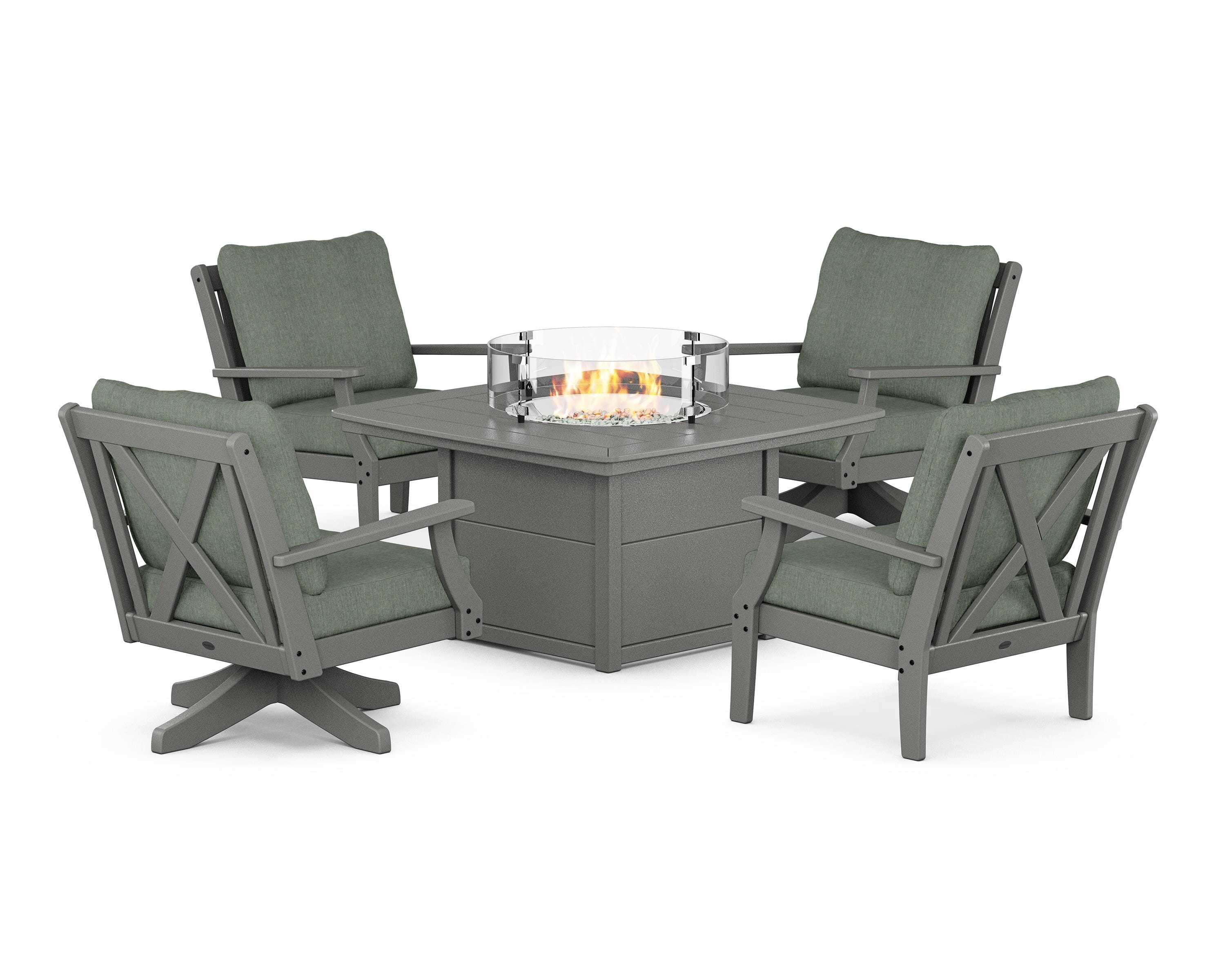 POLYWOOD® Braxton 5-Piece Deep Seating Set with Fire Table in Slate Grey / Cast Sage