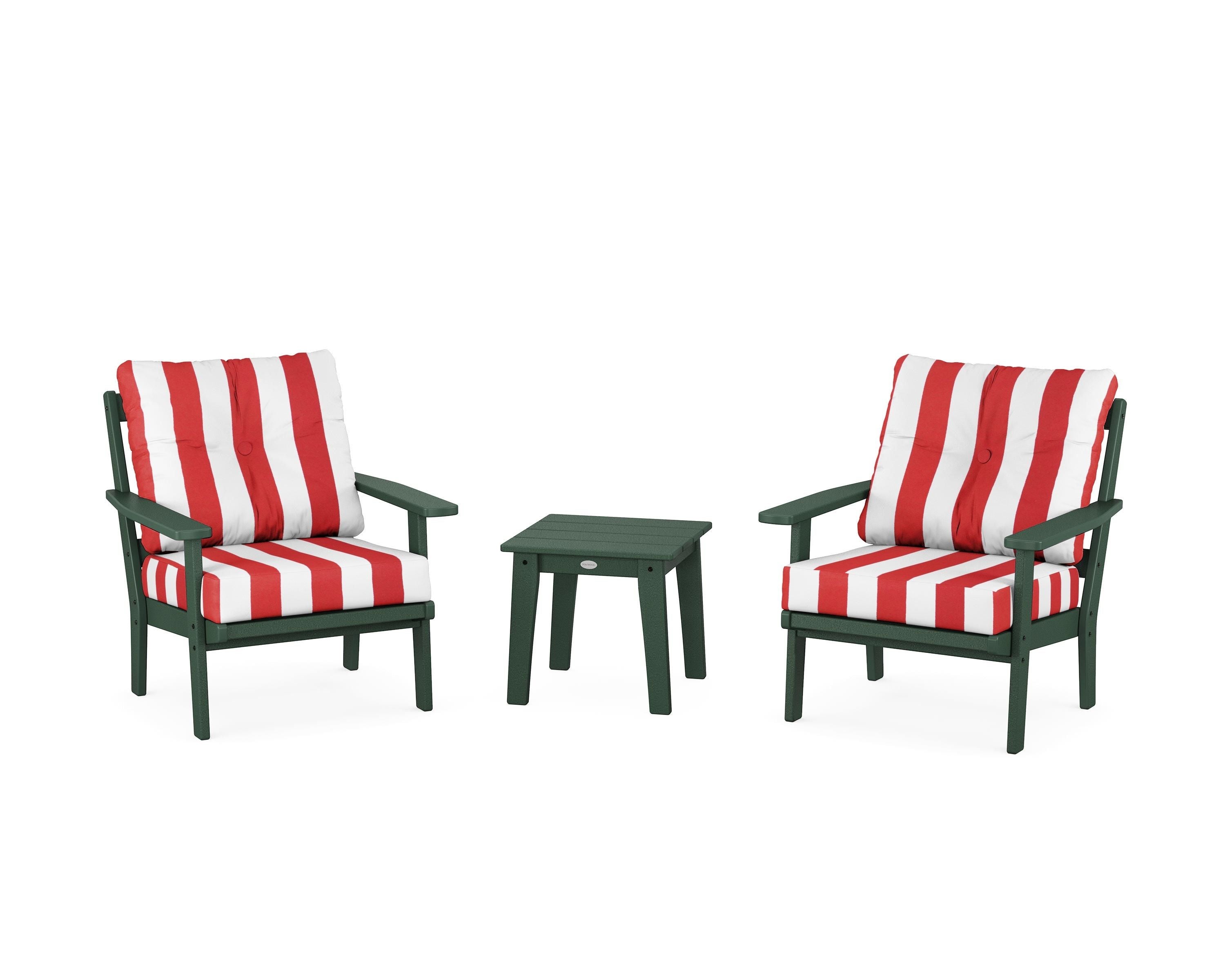 POLYWOOD® Prairie 3-Piece Deep Seating Set in Green / Cabana Stripe Crimson
