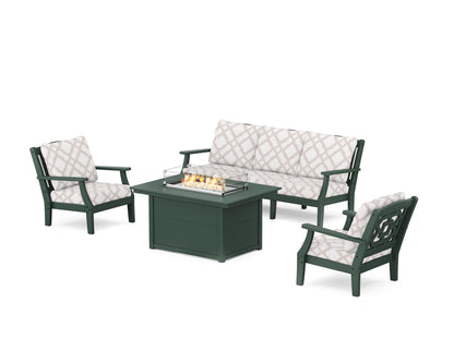 Martha Stewart by POLYWOOD® Chinoiserie Deep Seating Fire Pit Table Set in Green / Trellis Dune Burlap