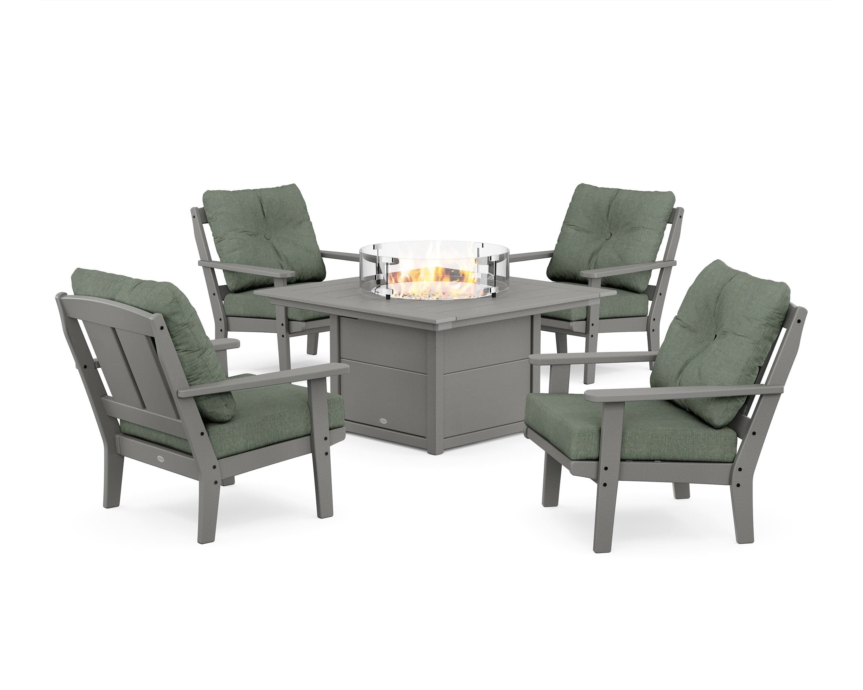 POLYWOOD® Mission 5-Piece Deep Seating Set with Fire Pit Table in Slate Grey / Cast Sage