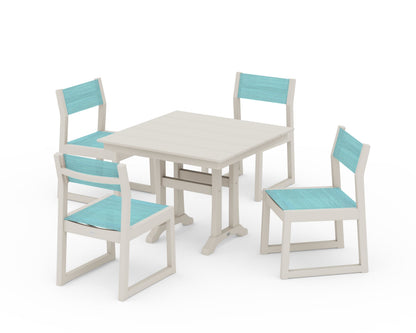 POLYWOOD® EDGE Sling 5-Piece Farmhouse Trestle Side Chair Dining Set in Sand / Dupioni Aquamarine Sling