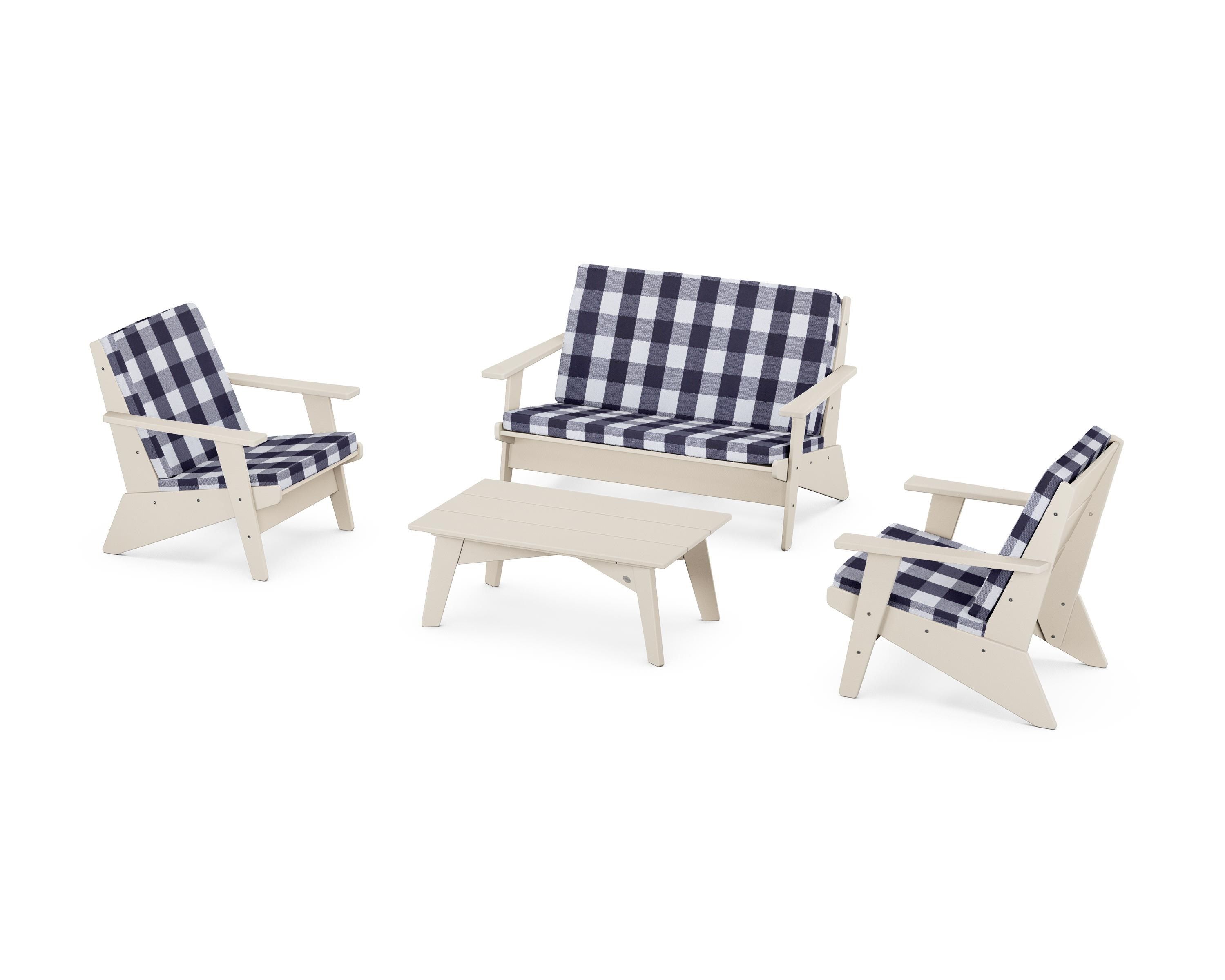 POLYWOOD® Riviera Modern Lounge 4-Piece Set in Sand / Buffalo Plaid Navy