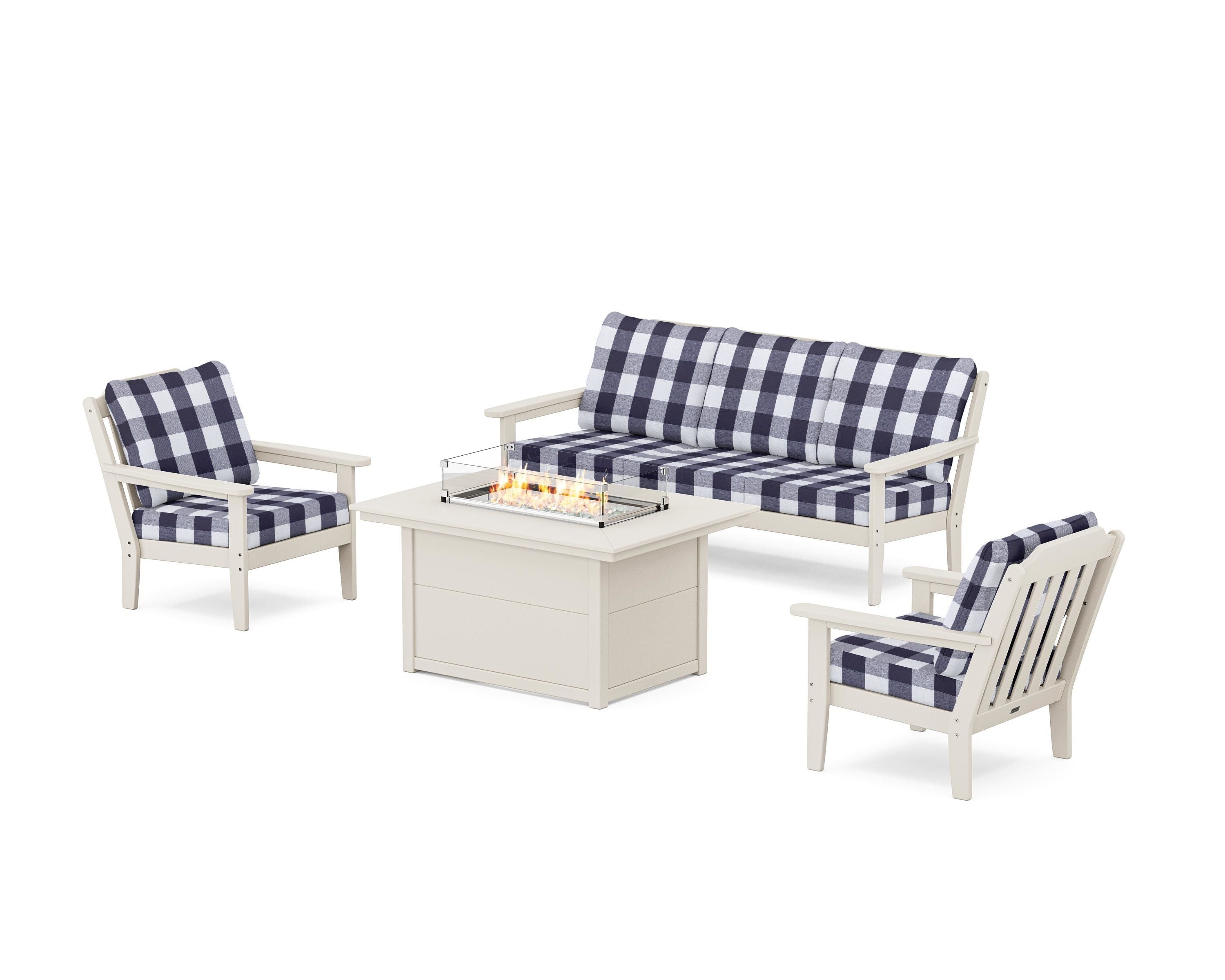 Country Living Cottage Deep Seating Fire Pit Table Set in Sand / Buffalo Plaid Navy