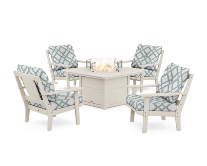 POLYWOOD® Prairie 5-Piece Deep Seating Set with Fire Pit Table in Sand / Trellis Glacier Spa