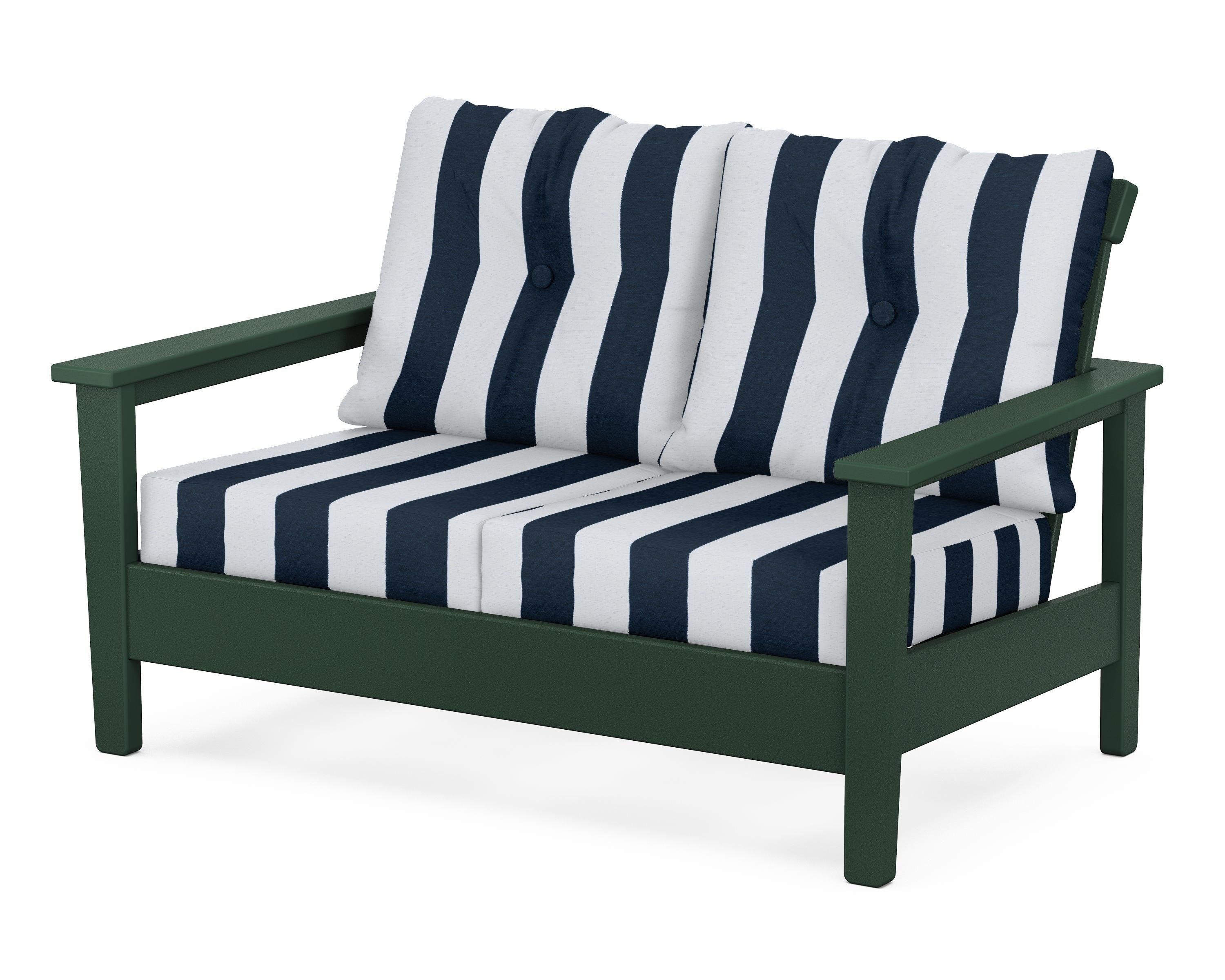 POLYWOOD® Prescott Deep Seating Loveseat in Green / Cabana Stripe Marine Indigo
