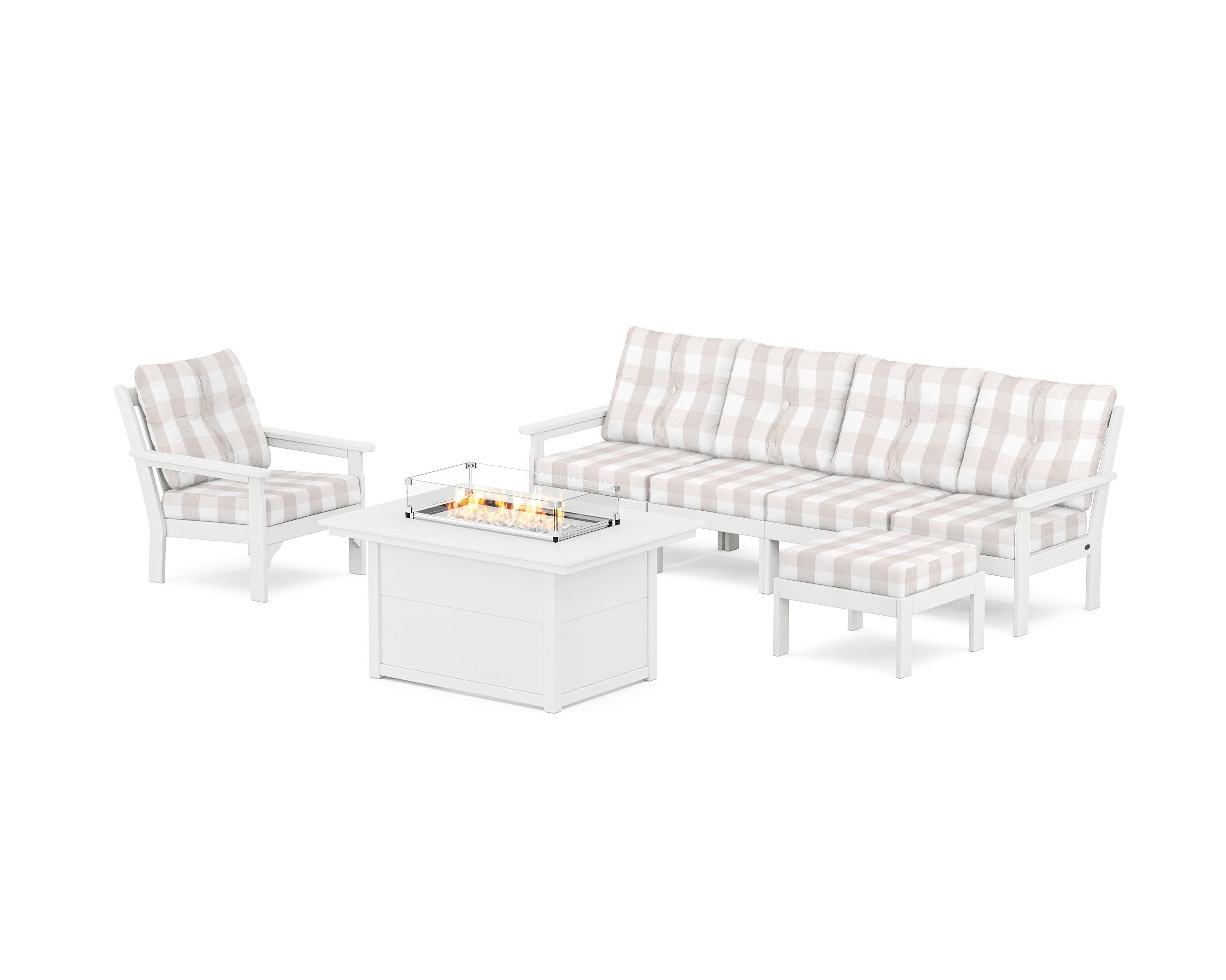 POLYWOOD® Vineyard Sectional Lounge and Fire Pit Set in White / Buffalo Plaid Dune Burlap