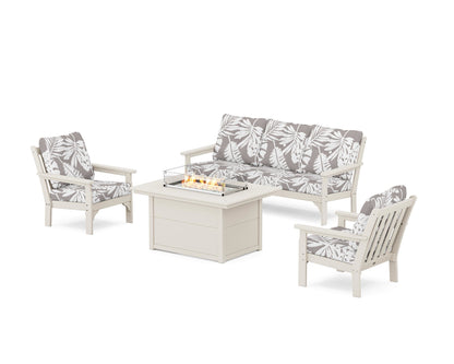 POLYWOOD® Vineyard Deep Seating Fire Pit Table Set in Sand / Leaf Grey Mist