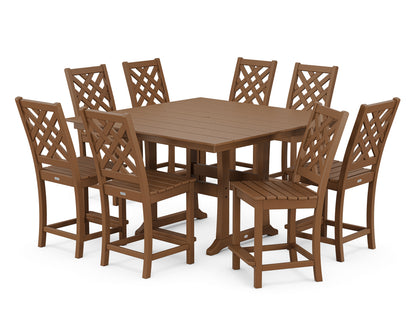 Country Living Wovendale Side Chair 9-Piece Square Farmhouse Counter Set with Trestle Legs in Teak