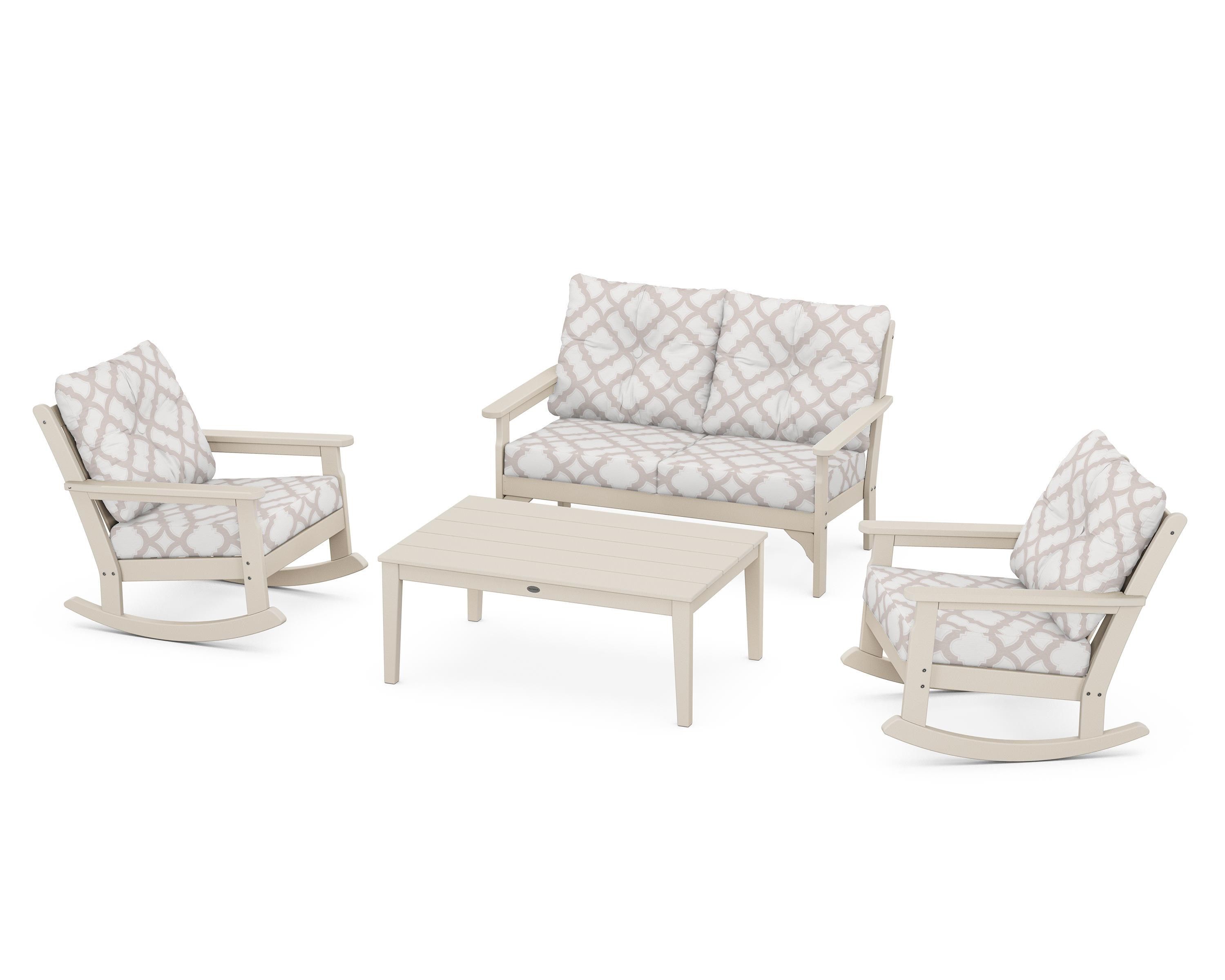 POLYWOOD® Vineyard 4-Piece Deep Seating Rocking Chair Set in Sand / Trellis Dune Burlap