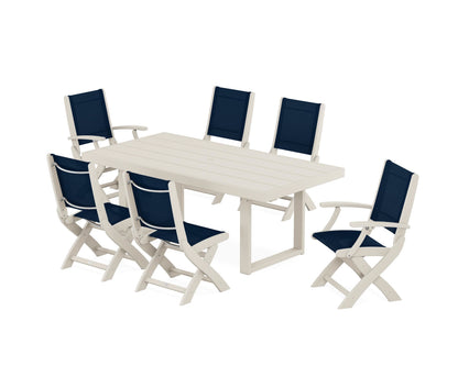 POLYWOOD® Coastal Folding Chair 7-Piece Dining Set with Trestle Legs in Sand / Navy Blue Sling