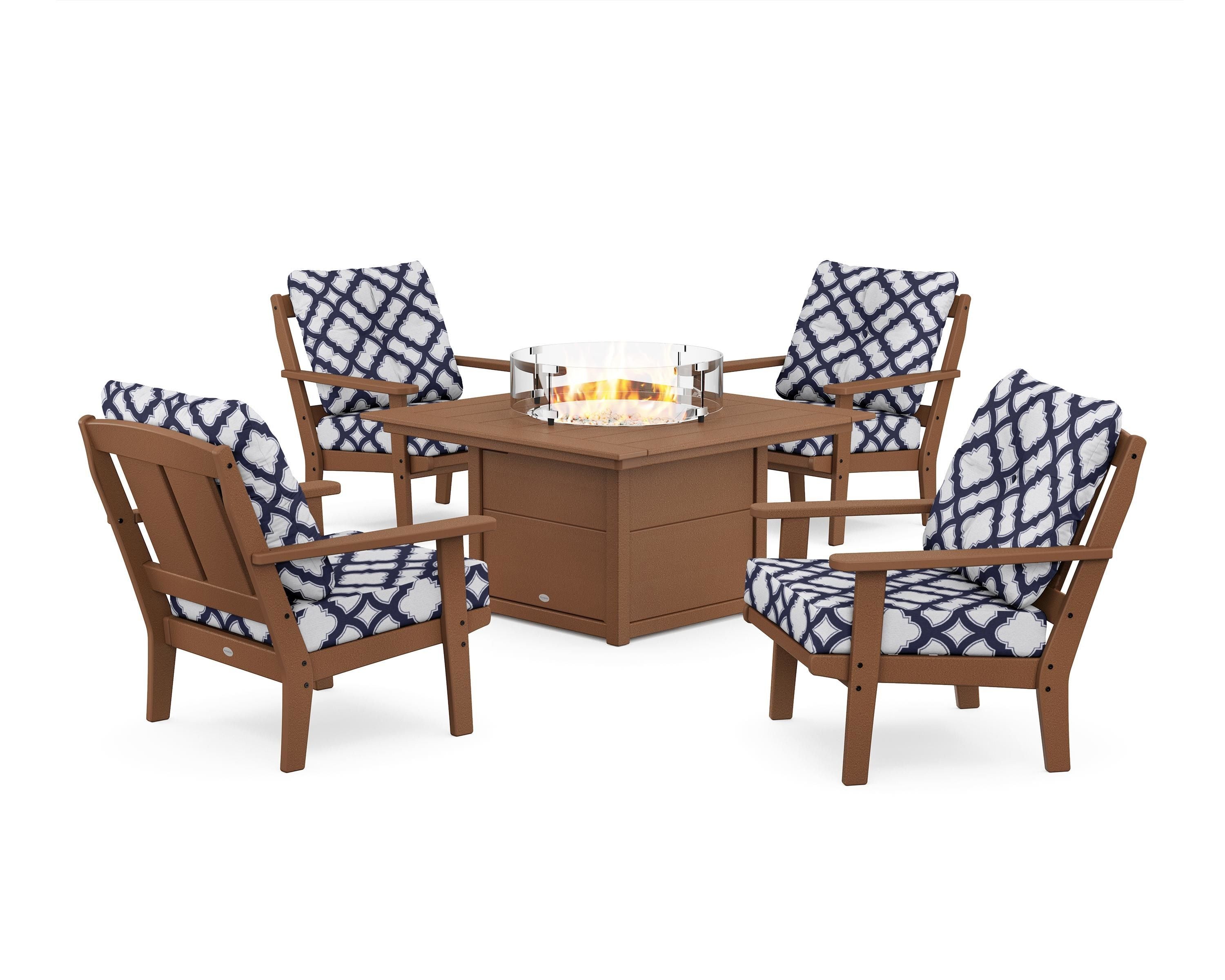 POLYWOOD® Mission 5-Piece Deep Seating Set with Fire Pit Table in Teak / Trellis Navy