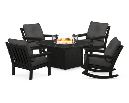 POLYWOOD® Vineyard 5-Piece Deep Seating Rocking Chair Conversation Set with Fire Pit Table in Black / Spectrum Carbon