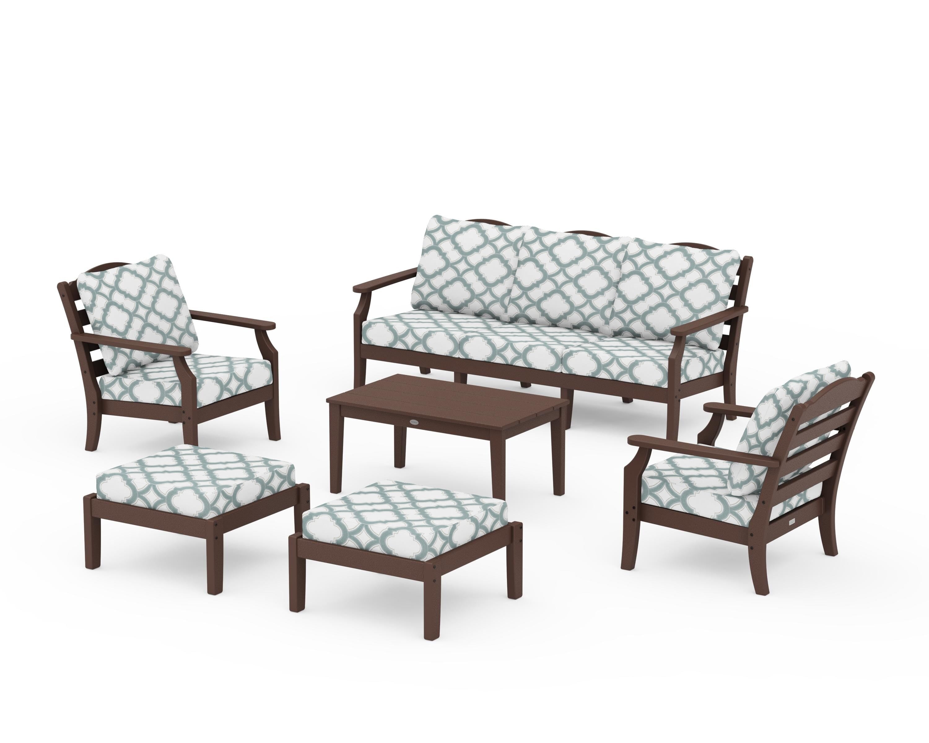 Draper James™ by  POLYWOOD® Savannah 6-Piece Lounge Sofa Set in Mahogany / Trellis Glacier Spa