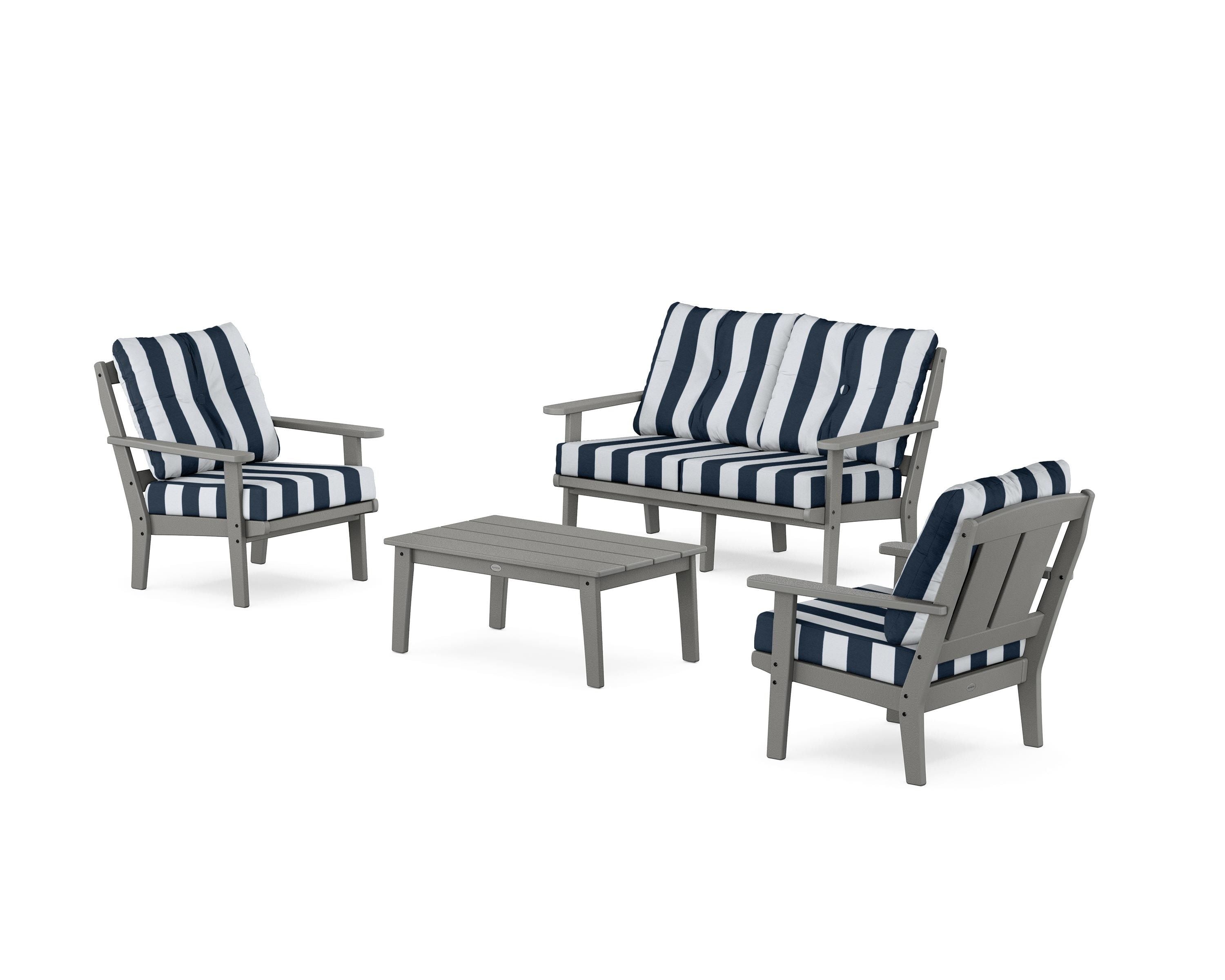 POLYWOOD® Mission 4-Piece Deep Seating Set with Loveseat in Slate Grey / Cabana Stripe Marine Indigo