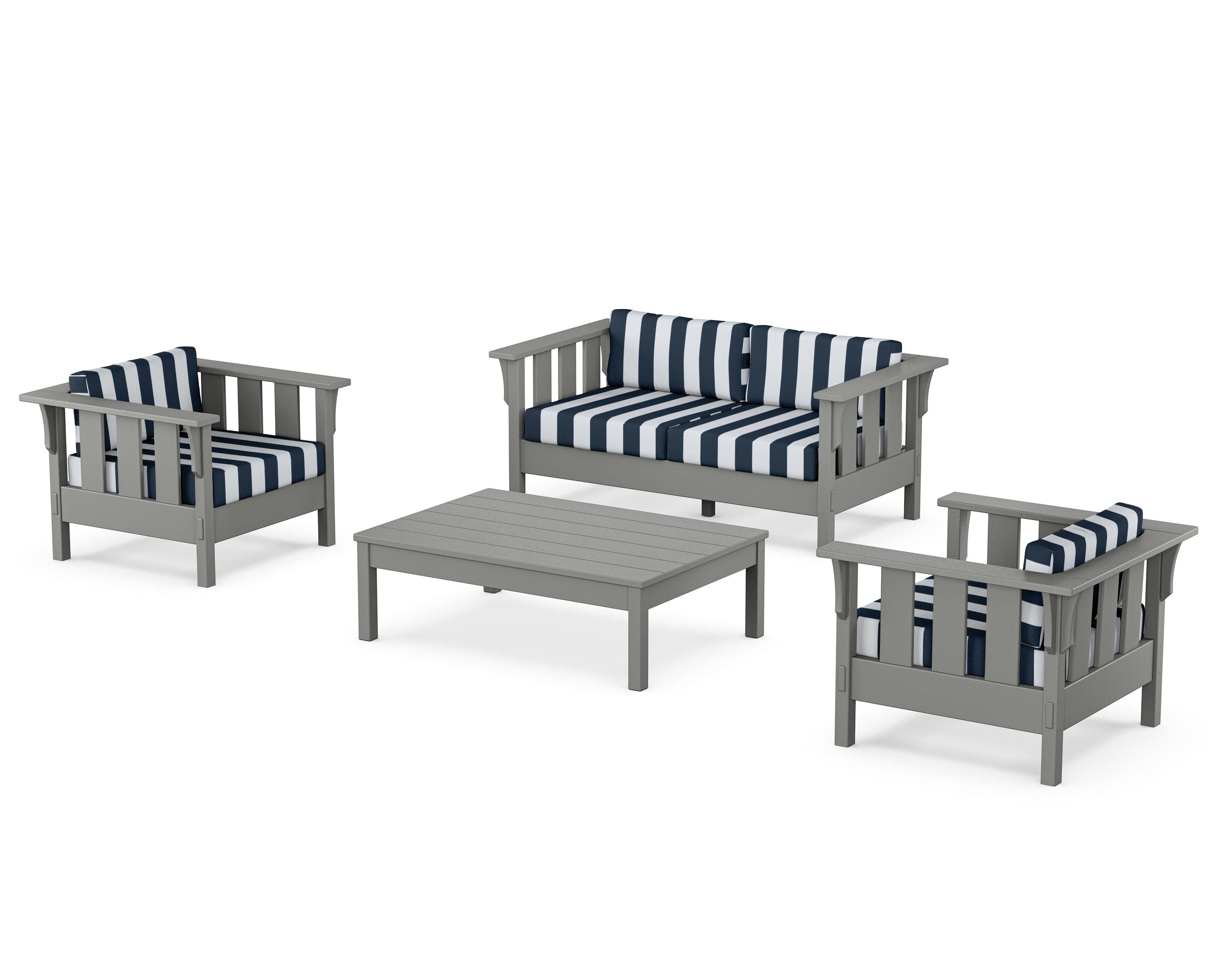 Martha Stewart by POLYWOOD® Acadia 4-Piece Deep Seating Set with Loveseat in Slate Grey / Cabana Stripe Marine Indigo