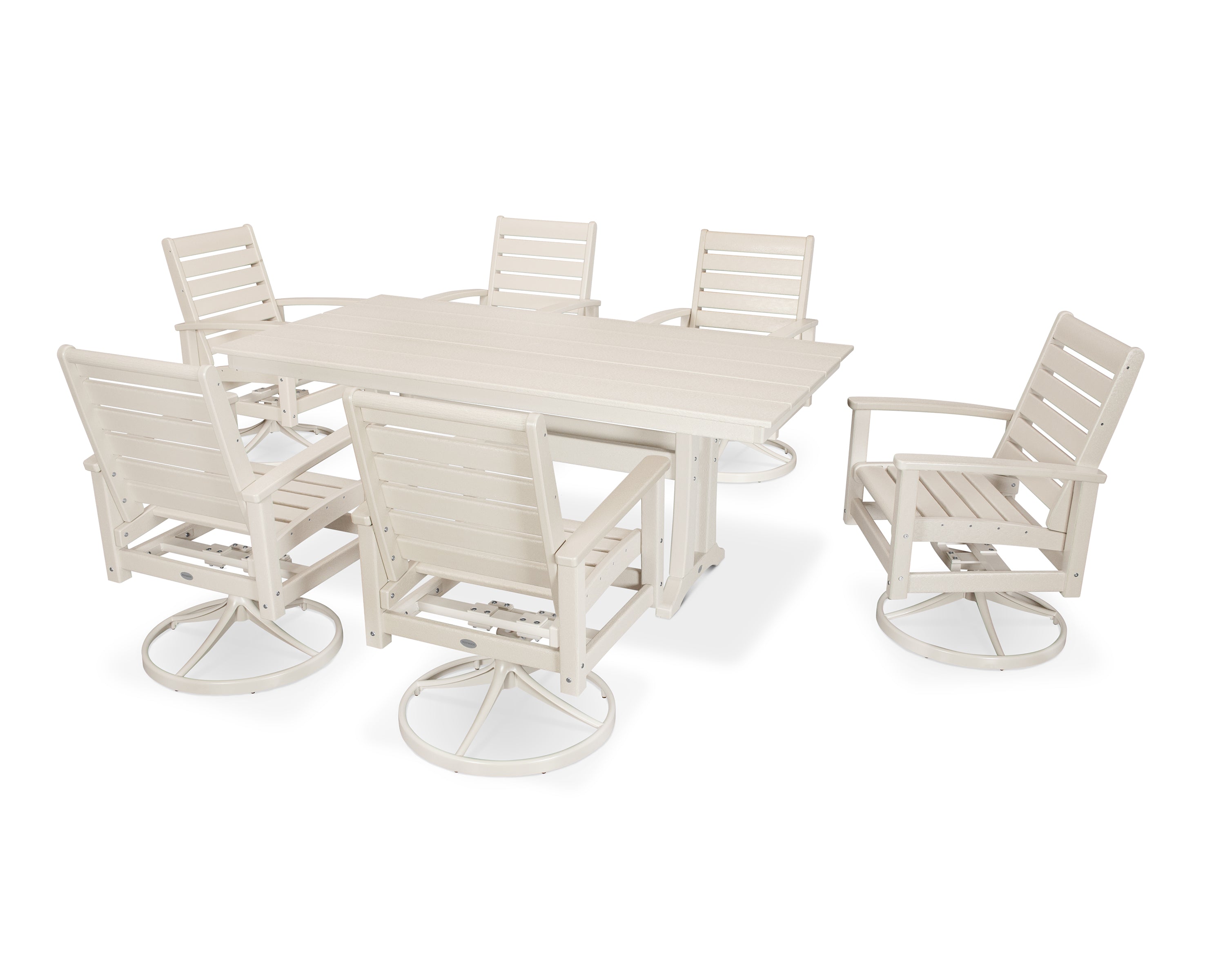 POLYWOOD® 7 Piece Signature Swivel Rocker Dining Set in Satin Tan / Sand