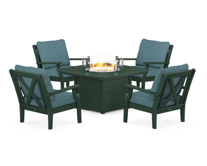 POLYWOOD® Braxton 5-Piece Deep Seating Conversation Set with Fire Pit Table in Green / Ocean Teal