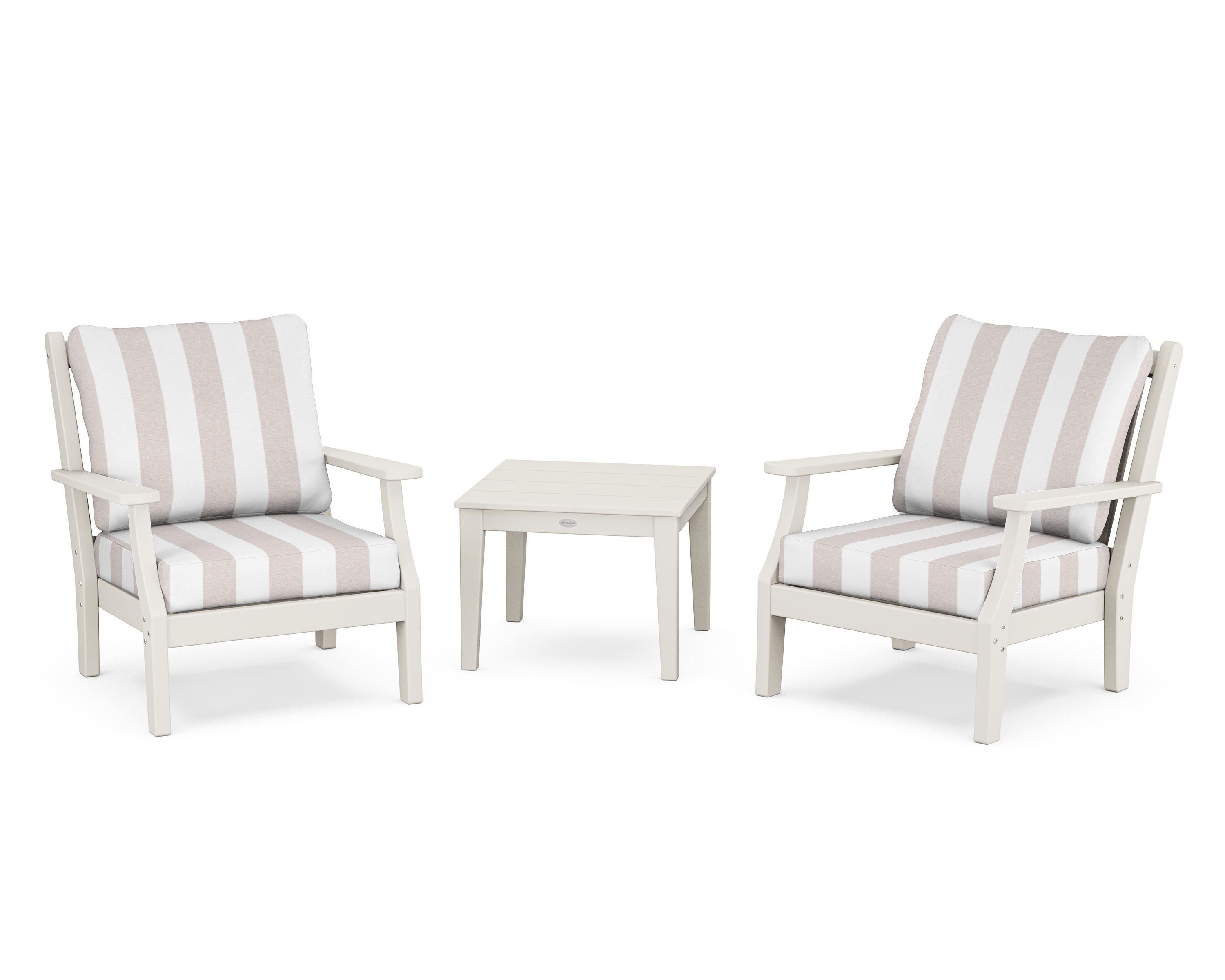 Country Living Wovendale 3-Piece Deep Seating Set in Sand / Cabana Stripe Dune Burlap