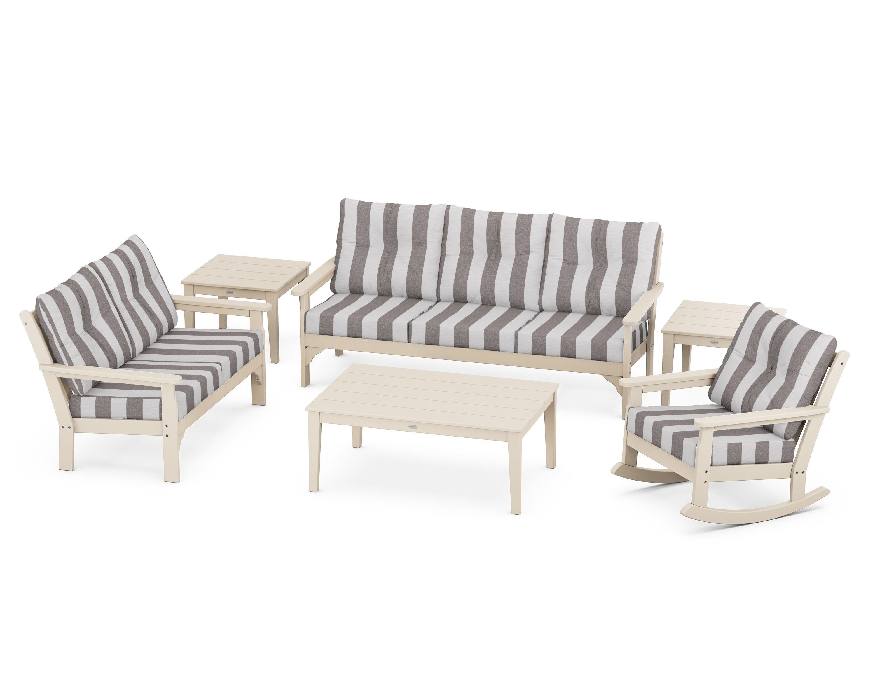 POLYWOOD® Vineyard 6-Piece Deep Seating Set in Sand / Cabana Stripe Grey Mist