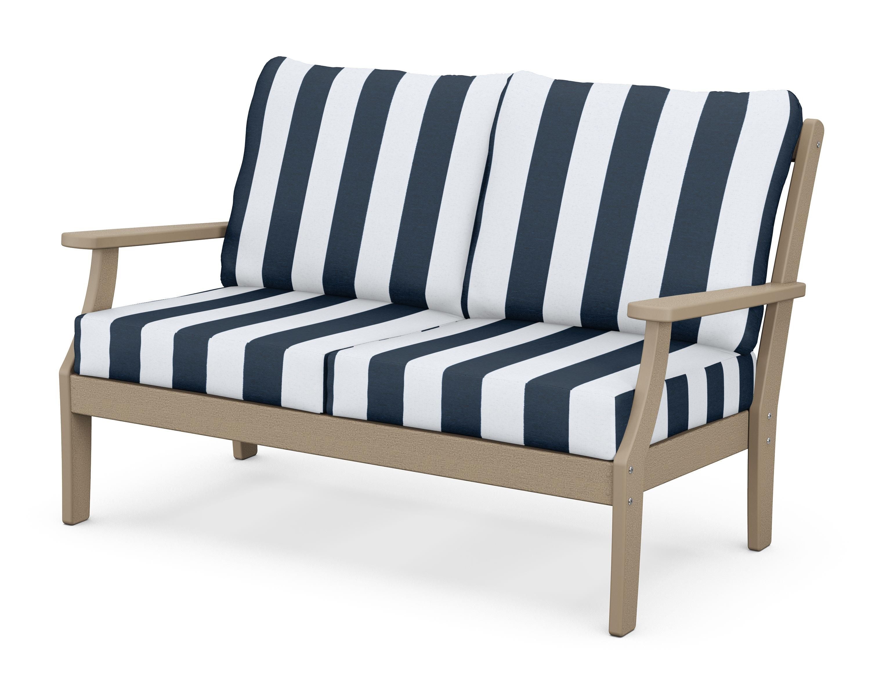 POLYWOOD® Braxton Deep Seating Loveseat in Vintage Sahara / Cabana Stripe Marine Indigo