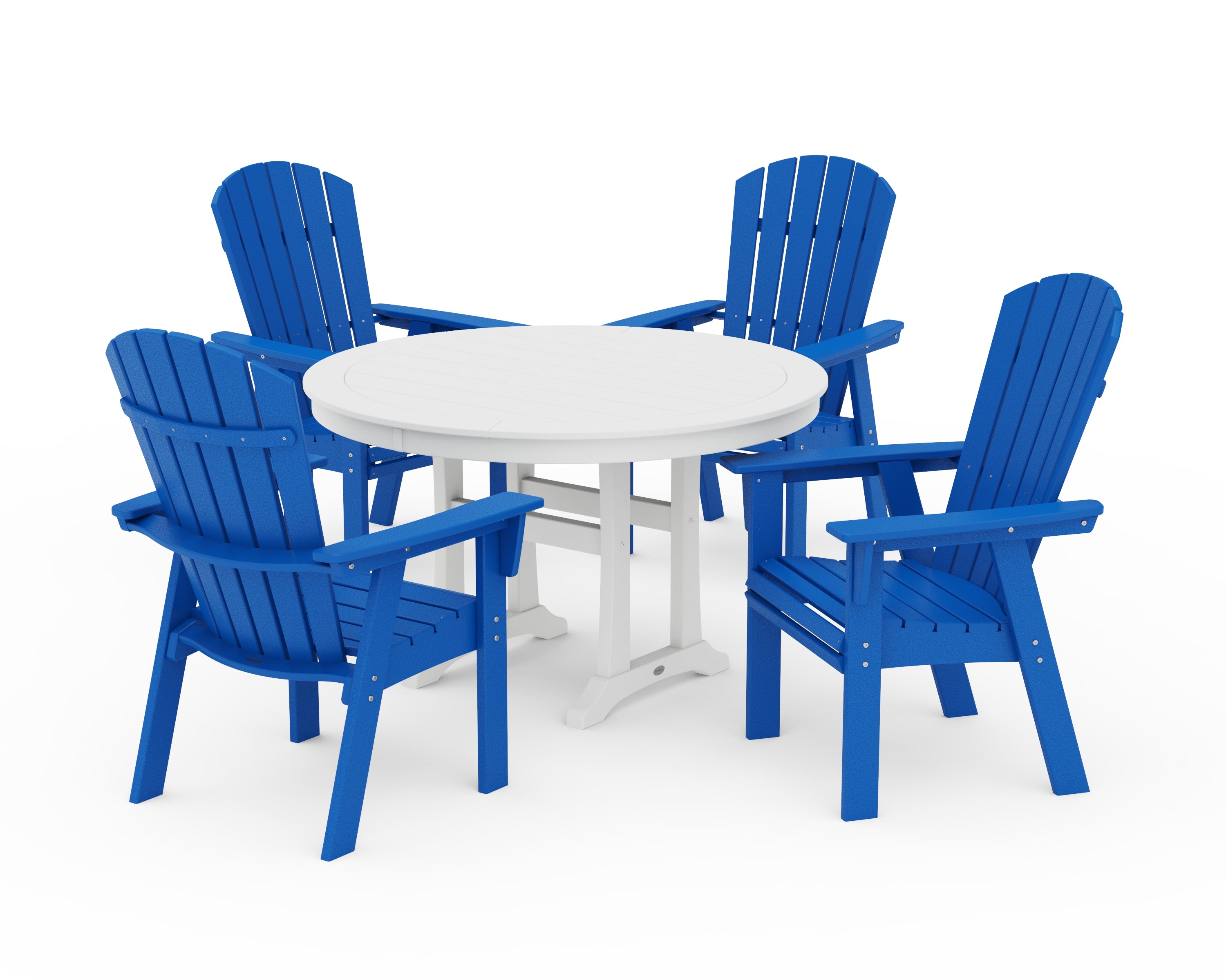 POLYWOOD® Nautical Curveback Adirondack 5-Piece Round Dining Set with Trestle Legs in Pacific Blue / White