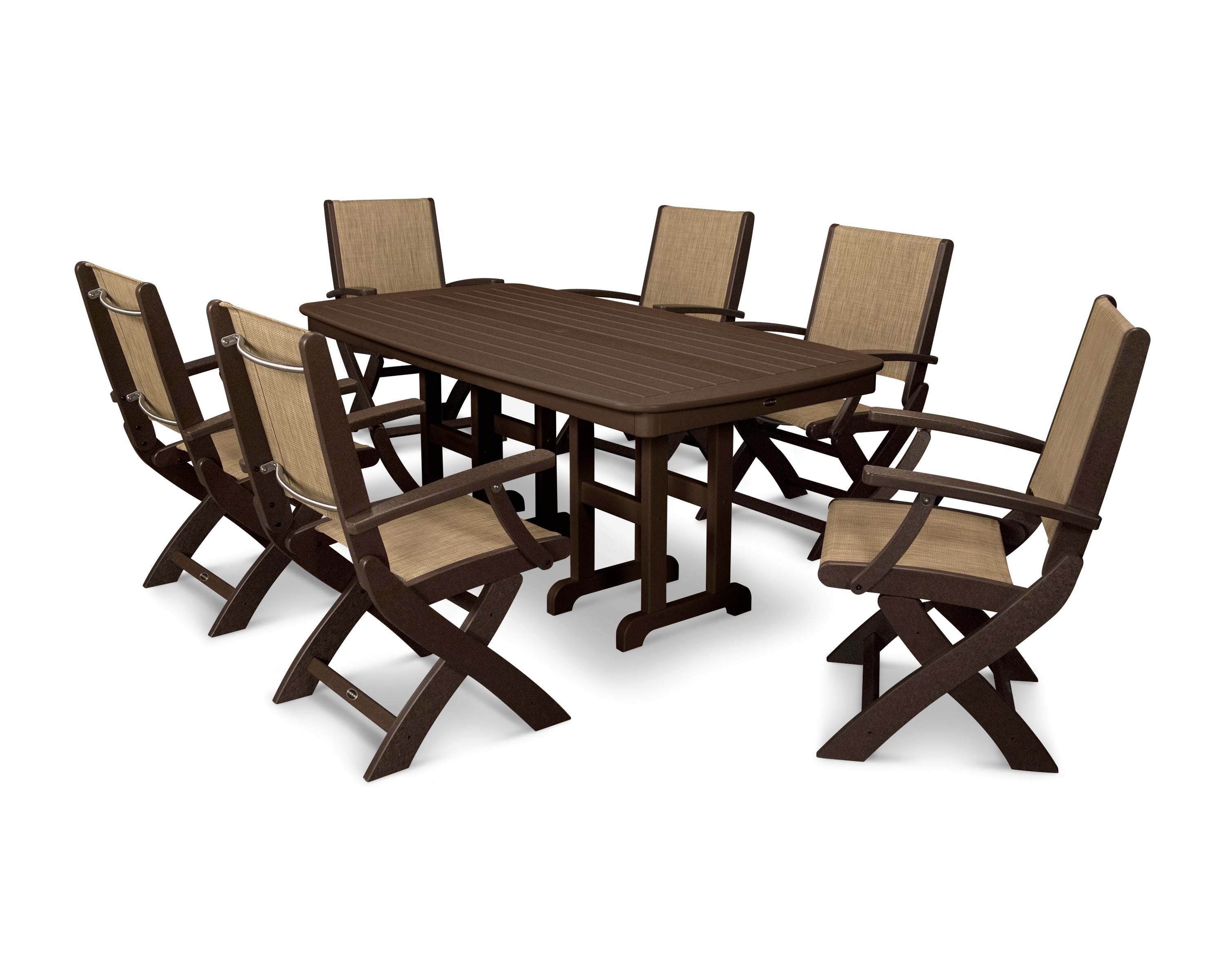 POLYWOOD® Coastal Folding Arm Chair 7-Piece Dining Set in Mahogany / Burlap Sling