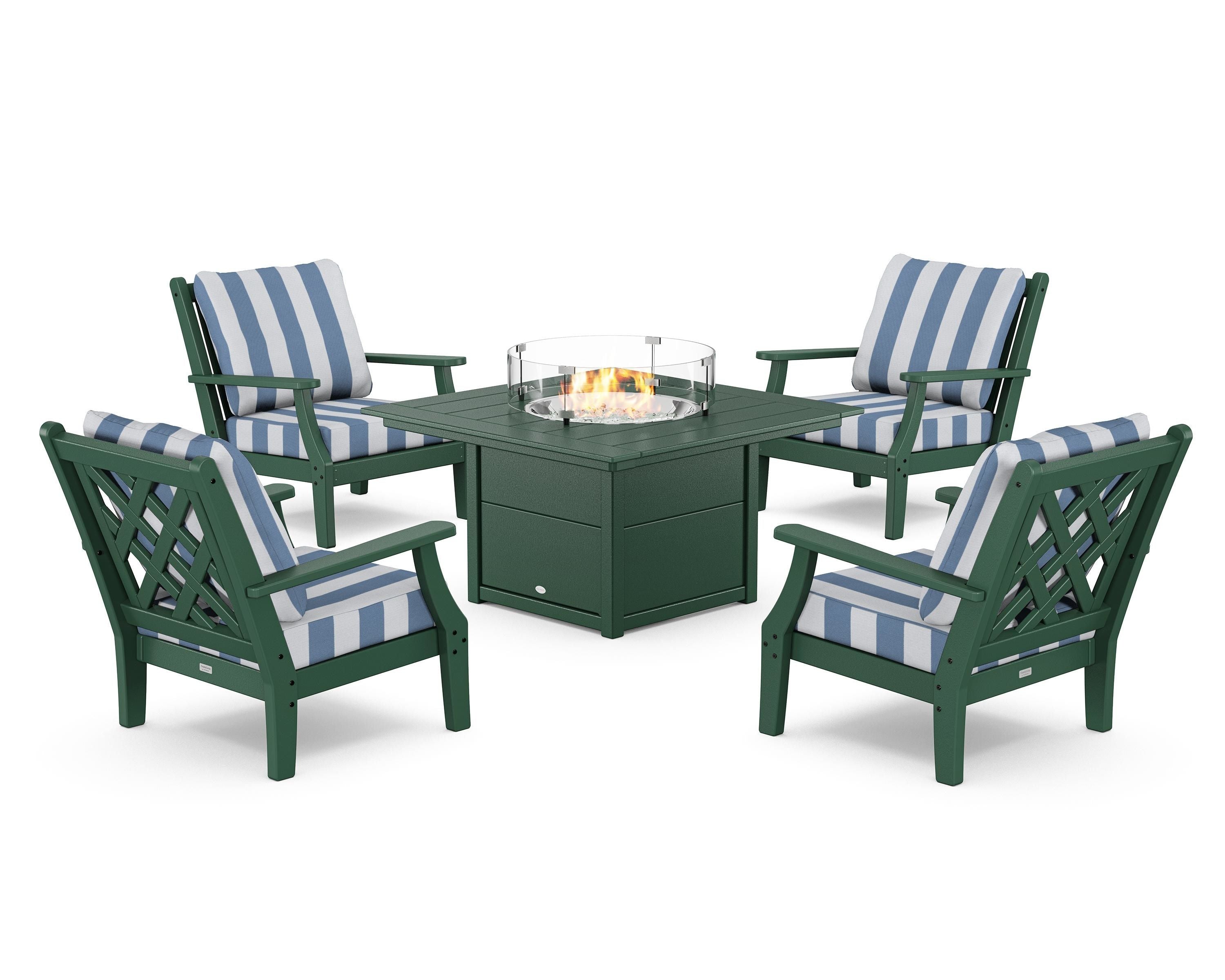 Country Living Wovendale 5-Piece Deep Seating Set with Fire Pit Table in Green / Cabana Stripe Sky Blue