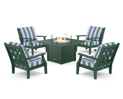 Country Living Wovendale 5-Piece Deep Seating Set with Fire Pit Table in Green / Cabana Stripe Sky Blue