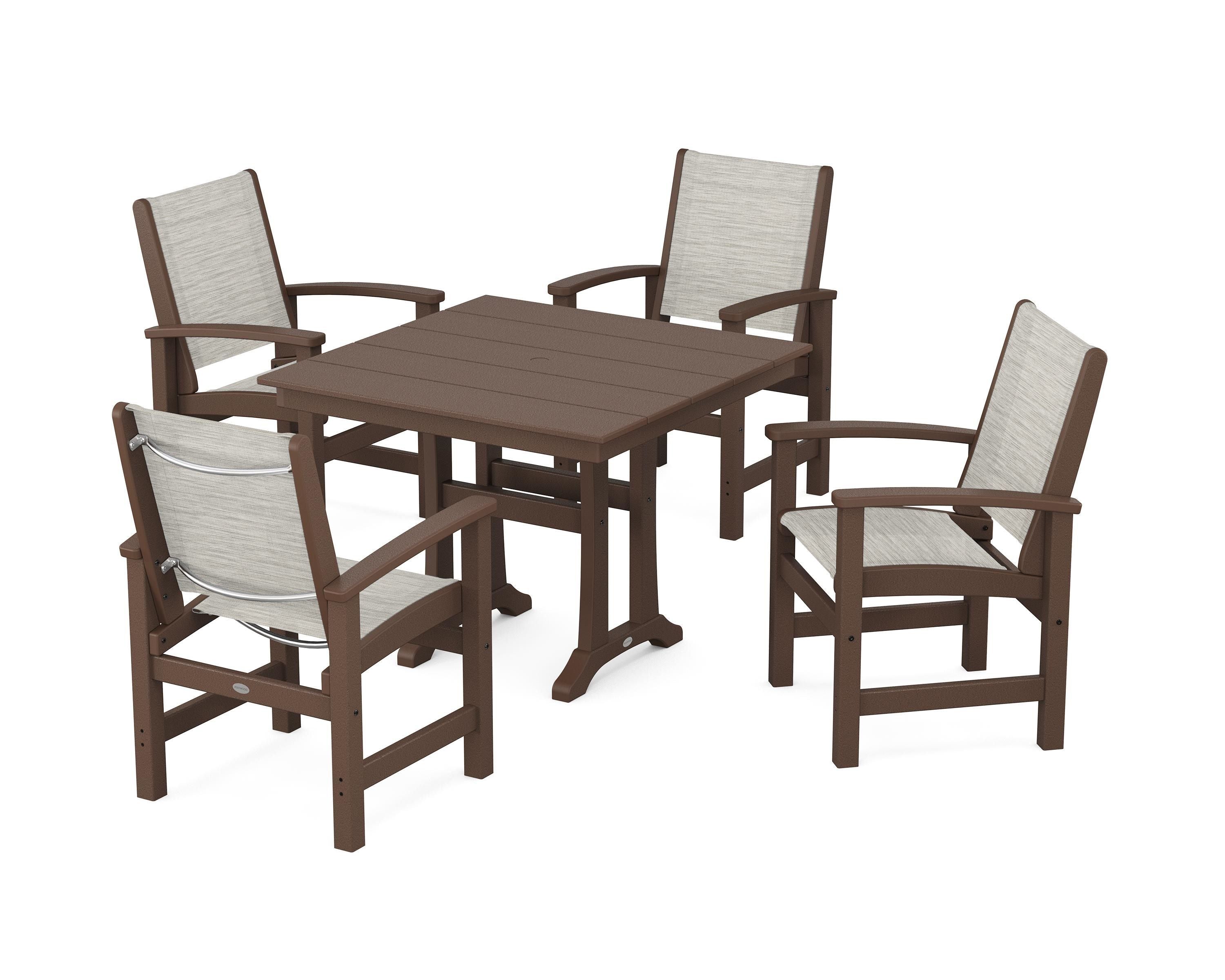 POLYWOOD® Coastal 5-Piece Farmhouse Dining Set With Trestle Legs in Mahogany / Birch Sling