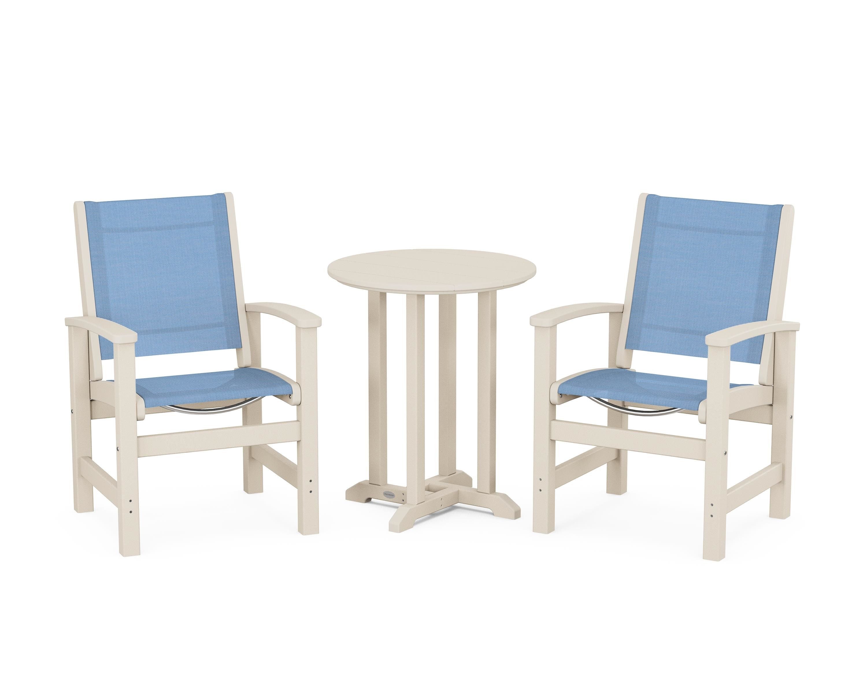 POLYWOOD® Coastal 3-Piece Round Bistro Dining Set in Sand / Poolside Sling