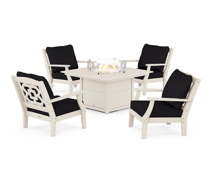 Martha Stewart by POLYWOOD® Chinoiserie 5-Piece Deep Seating Set with Fire Pit Table in Sand / Midnight Linen