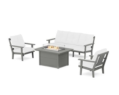 POLYWOOD® Prairie Deep Seating Fire Pit Table Set in Slate Grey / Natural