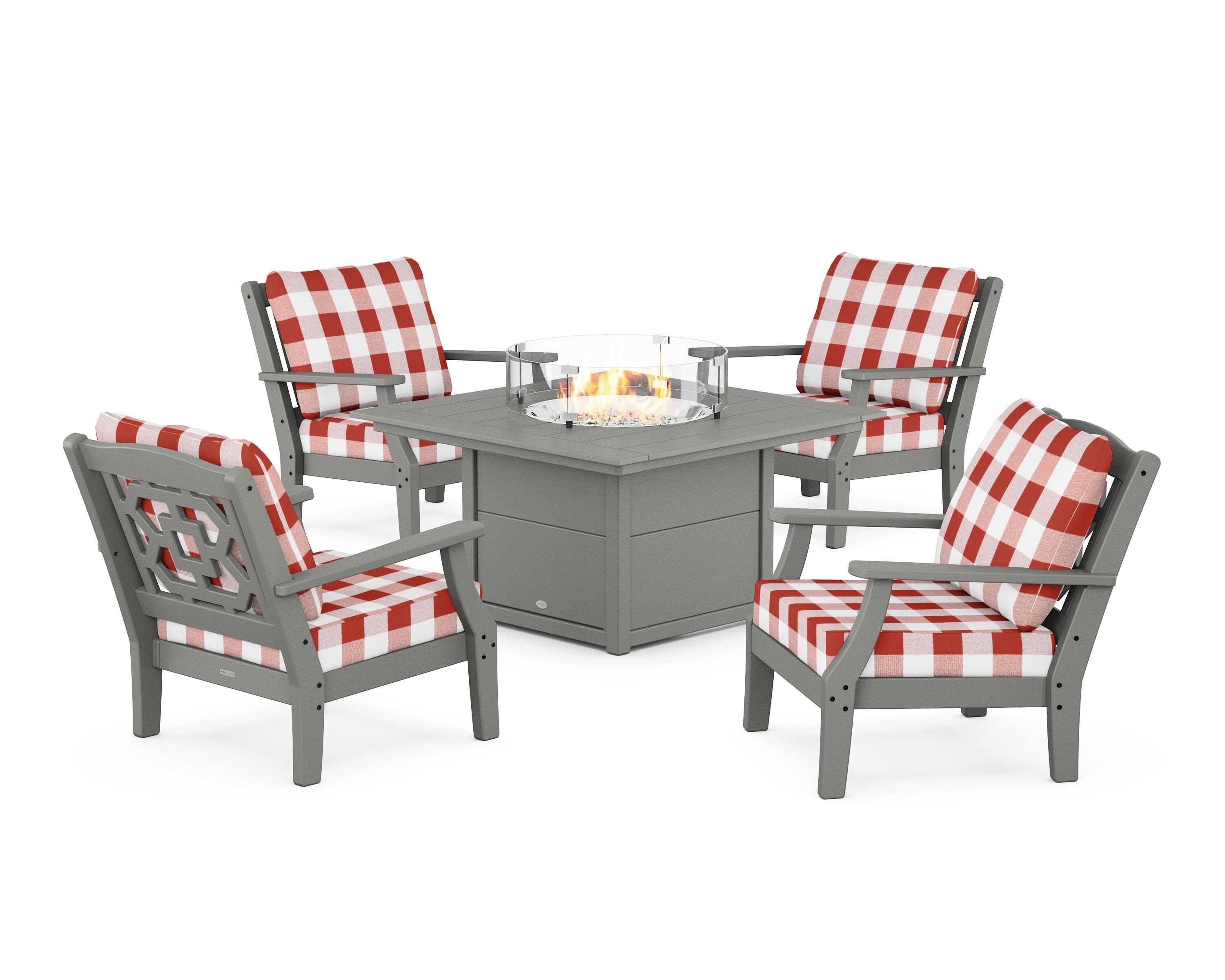 Martha Stewart by POLYWOOD® Chinoiserie 5-Piece Deep Seating Set with Fire Pit Table in Slate Grey / Buffalo Plaid Crimson