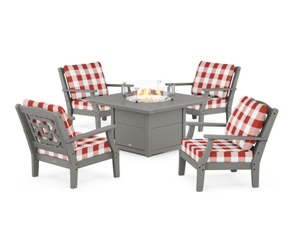 Martha Stewart by POLYWOOD® Chinoiserie 5-Piece Deep Seating Set with Fire Pit Table in Slate Grey / Buffalo Plaid Crimson