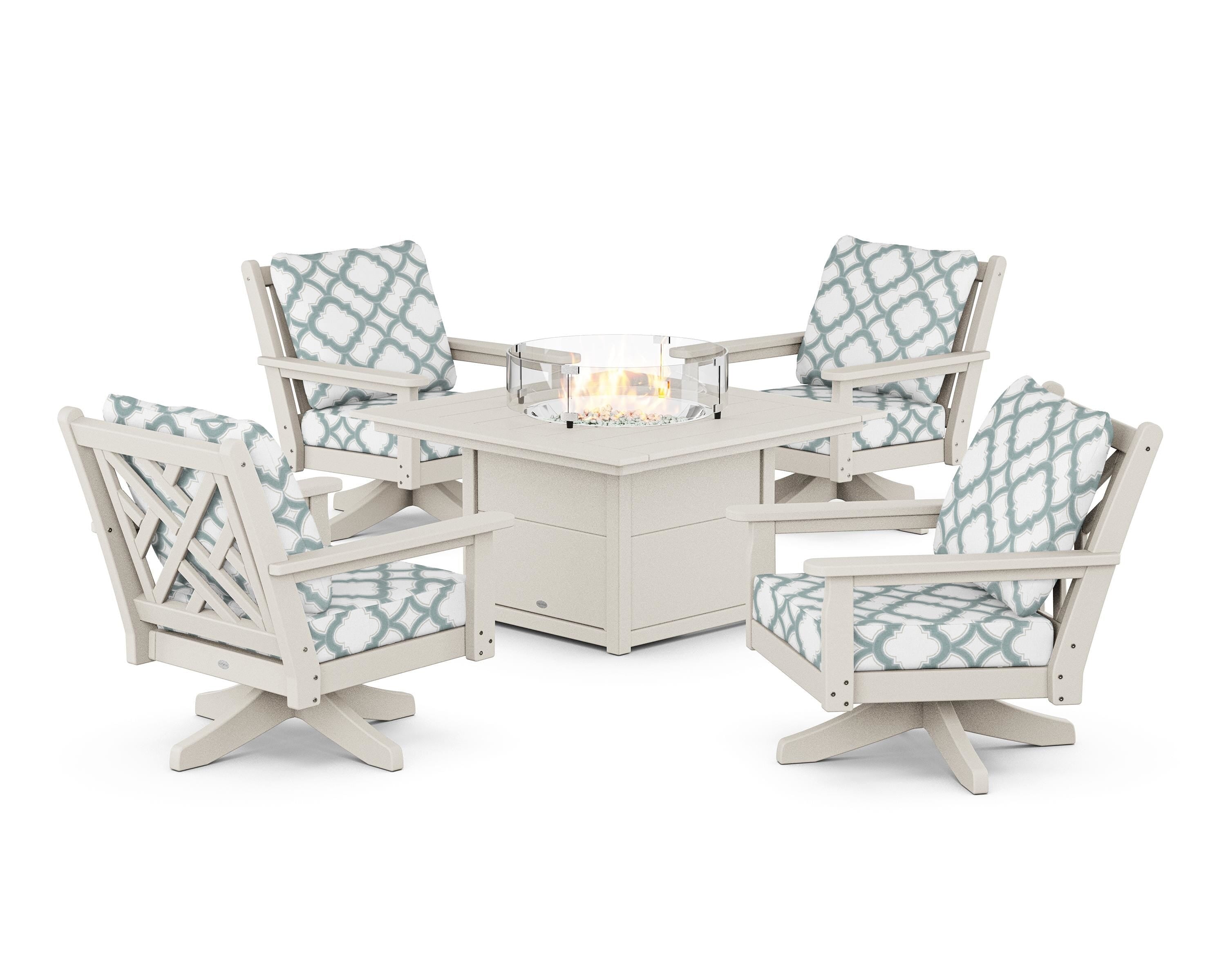POLYWOOD® Chippendale 5-Piece Deep Seating Swivel Conversation Set with Fire Pit Table in Sand / Trellis Glacier Spa