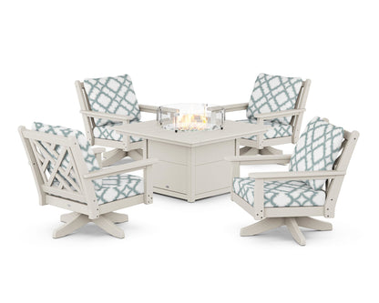 POLYWOOD® Chippendale 5-Piece Deep Seating Swivel Conversation Set with Fire Pit Table in Sand / Trellis Glacier Spa