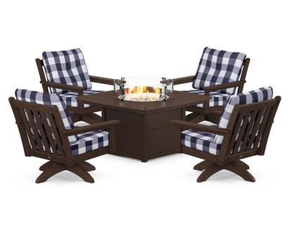 POLYWOOD® Vineyard 5-Piece Deep Seating Swivel Conversation Set with Fire Pit Table in Mahogany / Buffalo Plaid Navy