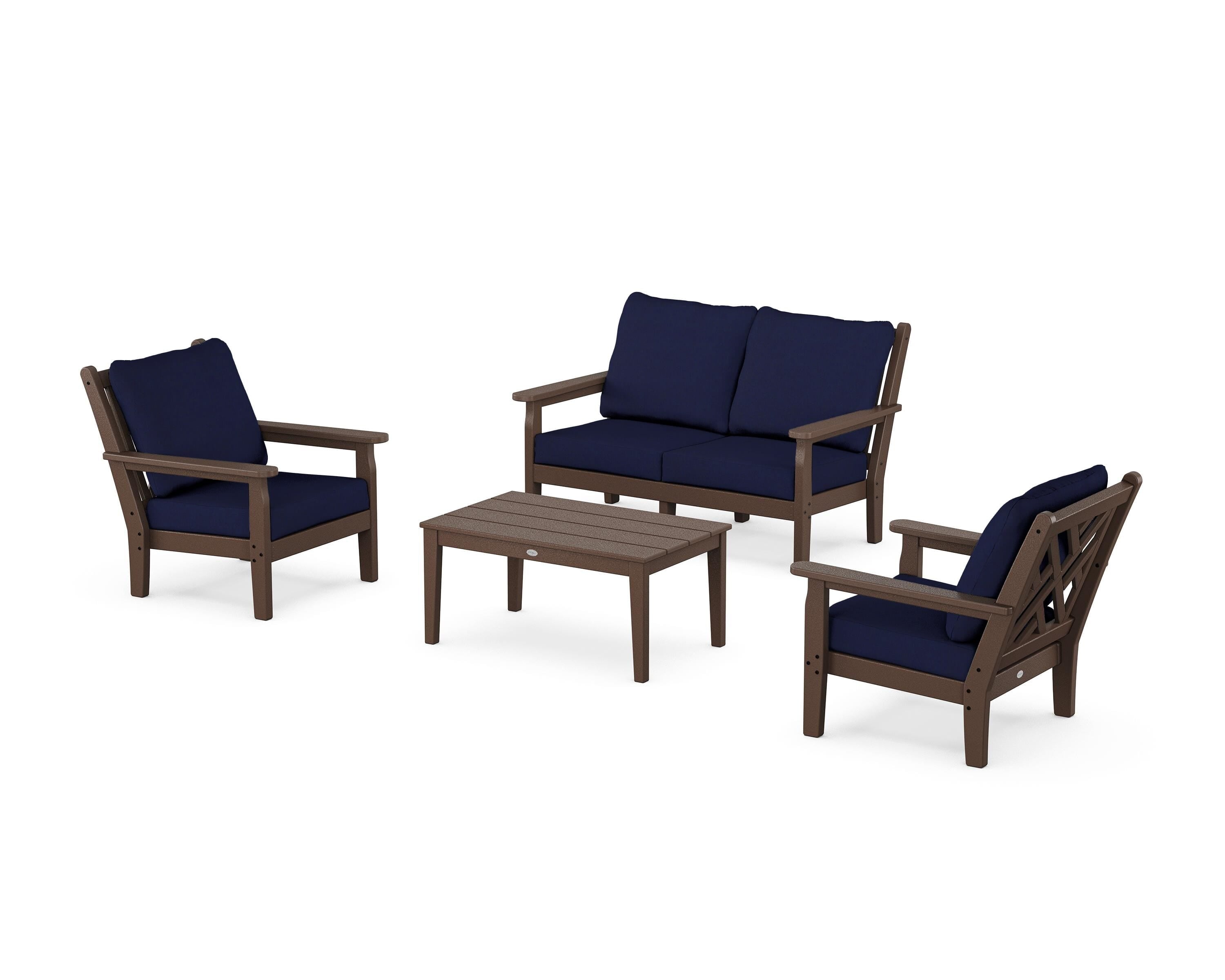 POLYWOOD® Chippendale 4-Piece Deep Seating Set with Loveseat in Mahogany / Navy