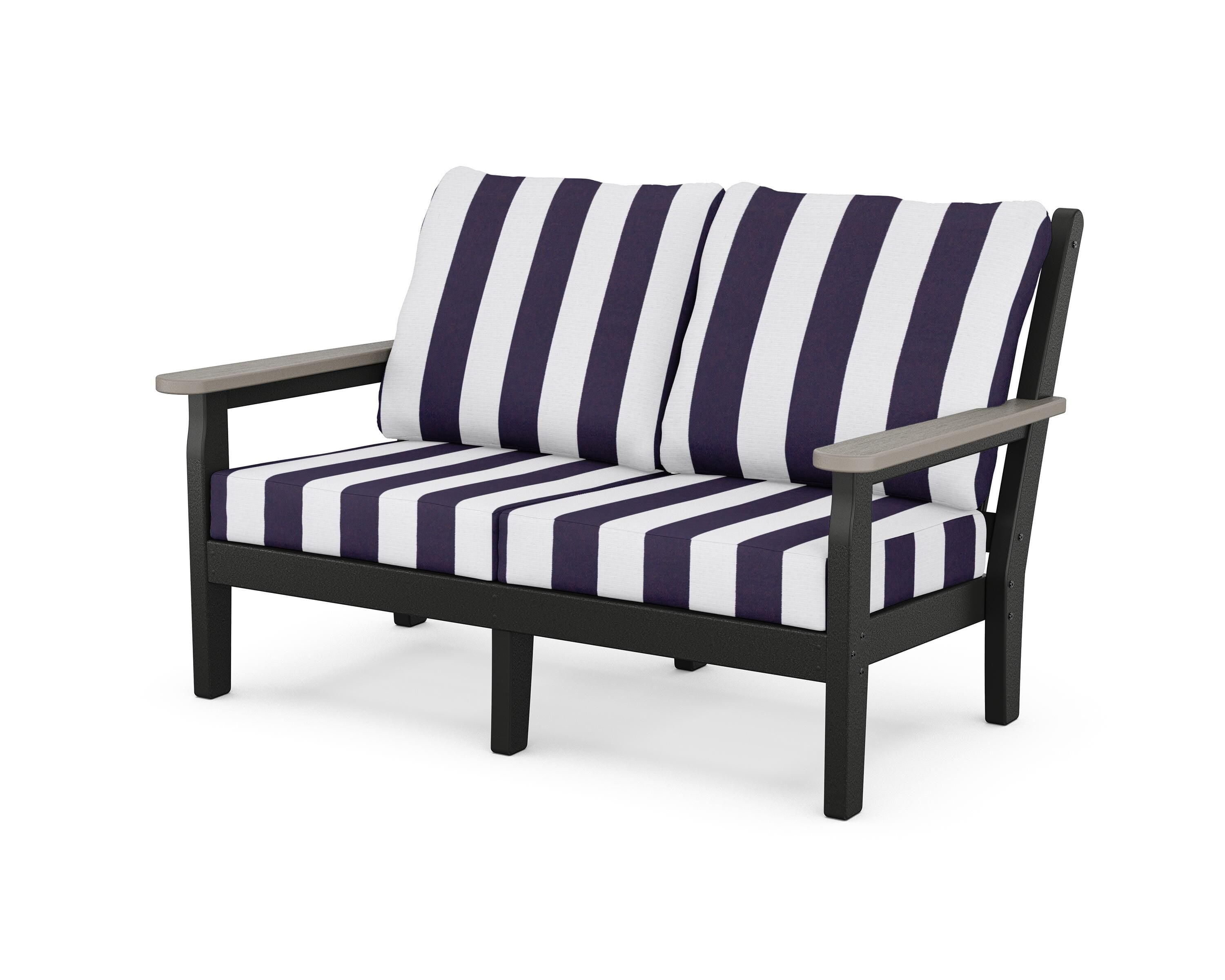 POLYWOOD® Chippendale Deep Seating Loveseat in Black / Driftwood / Cabana Stripe Navy