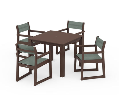 POLYWOOD® EDGE Sling Arm Chair 5-Piece Parsons Dining Set in Mahogany / Dupioni Sea Mist Sling