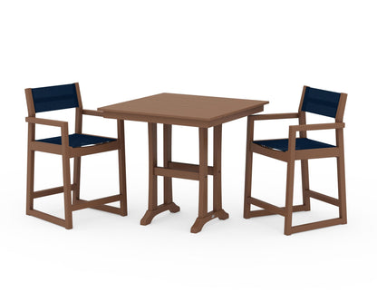 POLYWOOD® EDGE Sling Arm Chair 3-Piece Farmhouse Counter Set with Trestle Legs in Teak / Navy Blue Sling