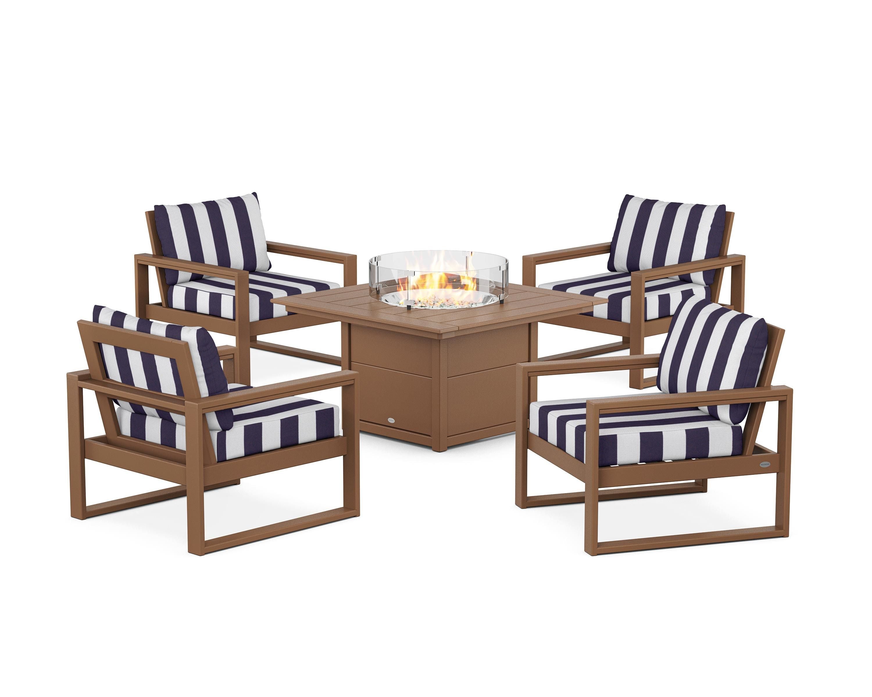 POLYWOOD® EDGE Sectional 5-Piece Deep Seating Set with Fire Pit Table in Teak / Cabana Stripe Navy