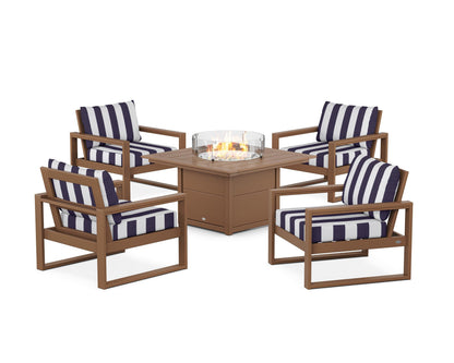 POLYWOOD® EDGE Sectional 5-Piece Deep Seating Set with Fire Pit Table in Teak / Cabana Stripe Navy