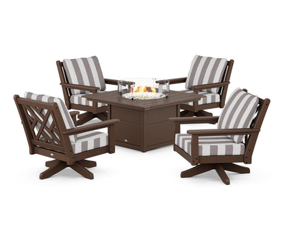 POLYWOOD® Chippendale 5-Piece Deep Seating Swivel Conversation Set with Fire Pit Table in Mahogany / Cabana Stripe Grey Mist
