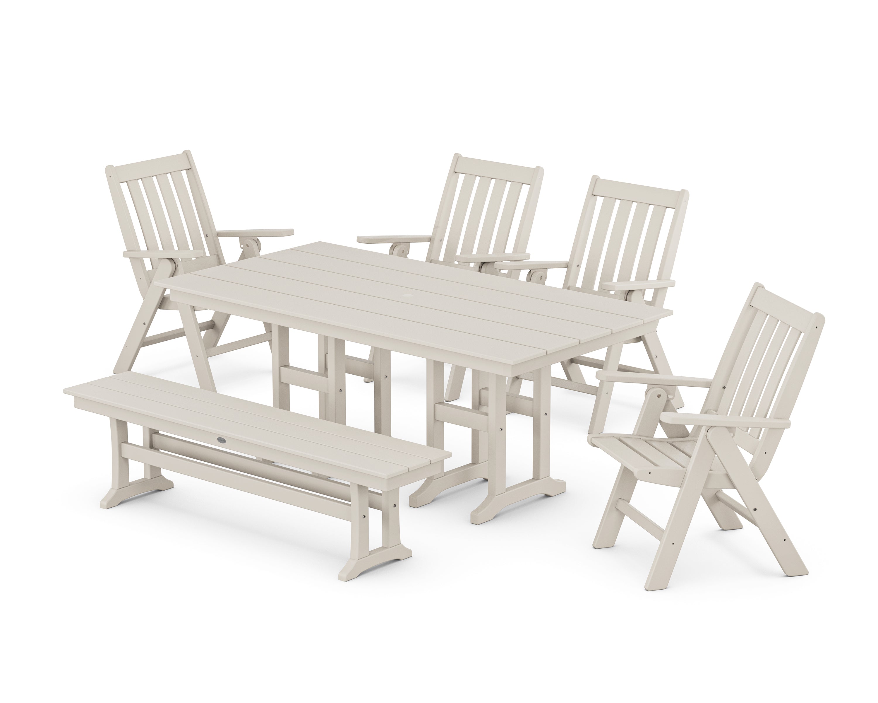 POLYWOOD® Vineyard Folding Chair 6-Piece Farmhouse Dining Set with Bench in Sand