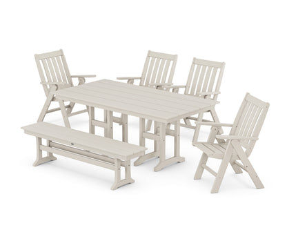 POLYWOOD® Vineyard Folding Chair 6-Piece Farmhouse Dining Set with Bench in Sand