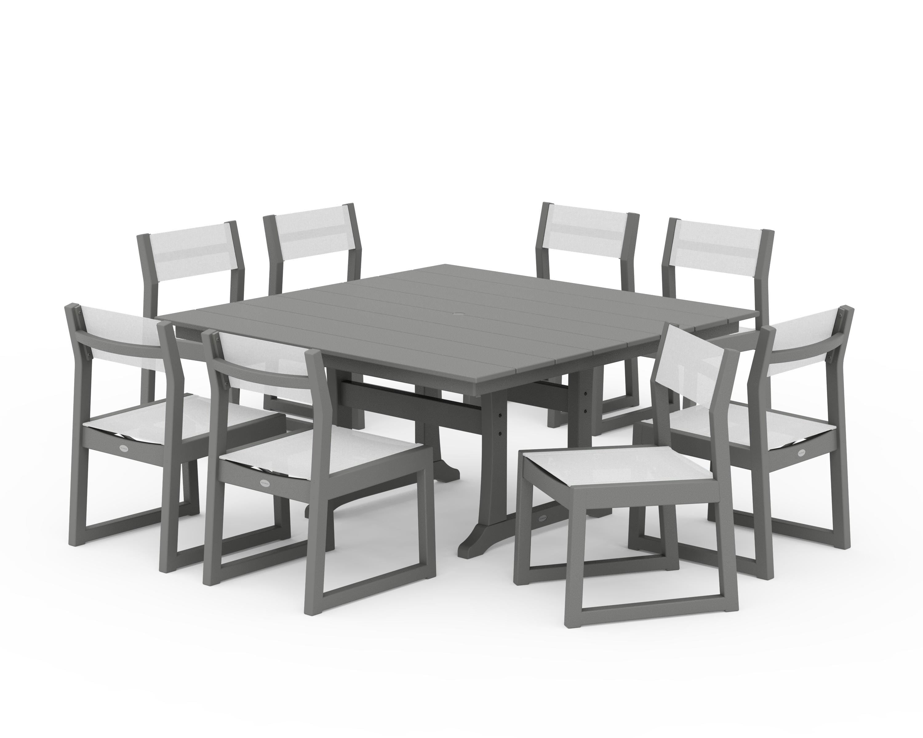 POLYWOOD® EDGE Sling Side Chair 9-Piece Farmhouse Trestle Dining Set in Slate Grey / White Sling
