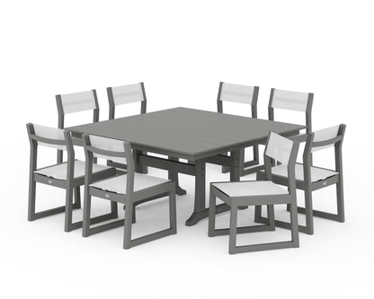 POLYWOOD® EDGE Sling Side Chair 9-Piece Farmhouse Trestle Dining Set in Slate Grey / White Sling
