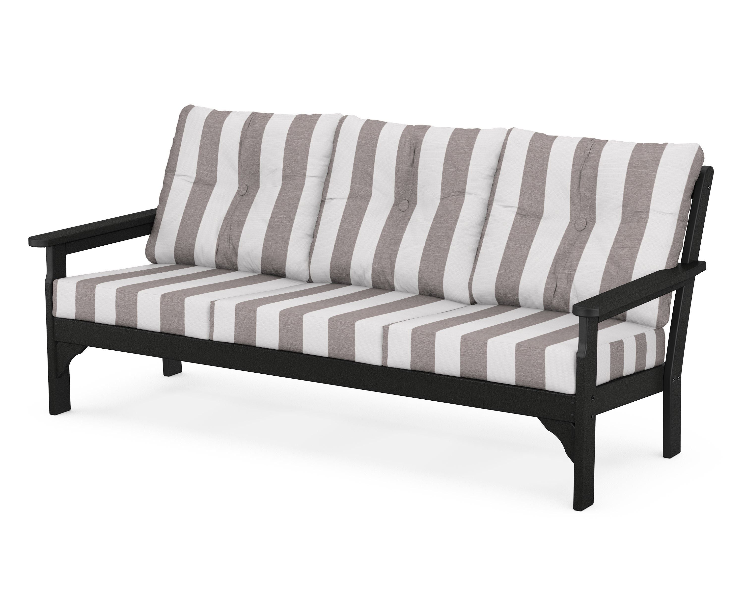 POLYWOOD® Vineyard Deep Seating Sofa in Black / Cabana Stripe Grey Mist