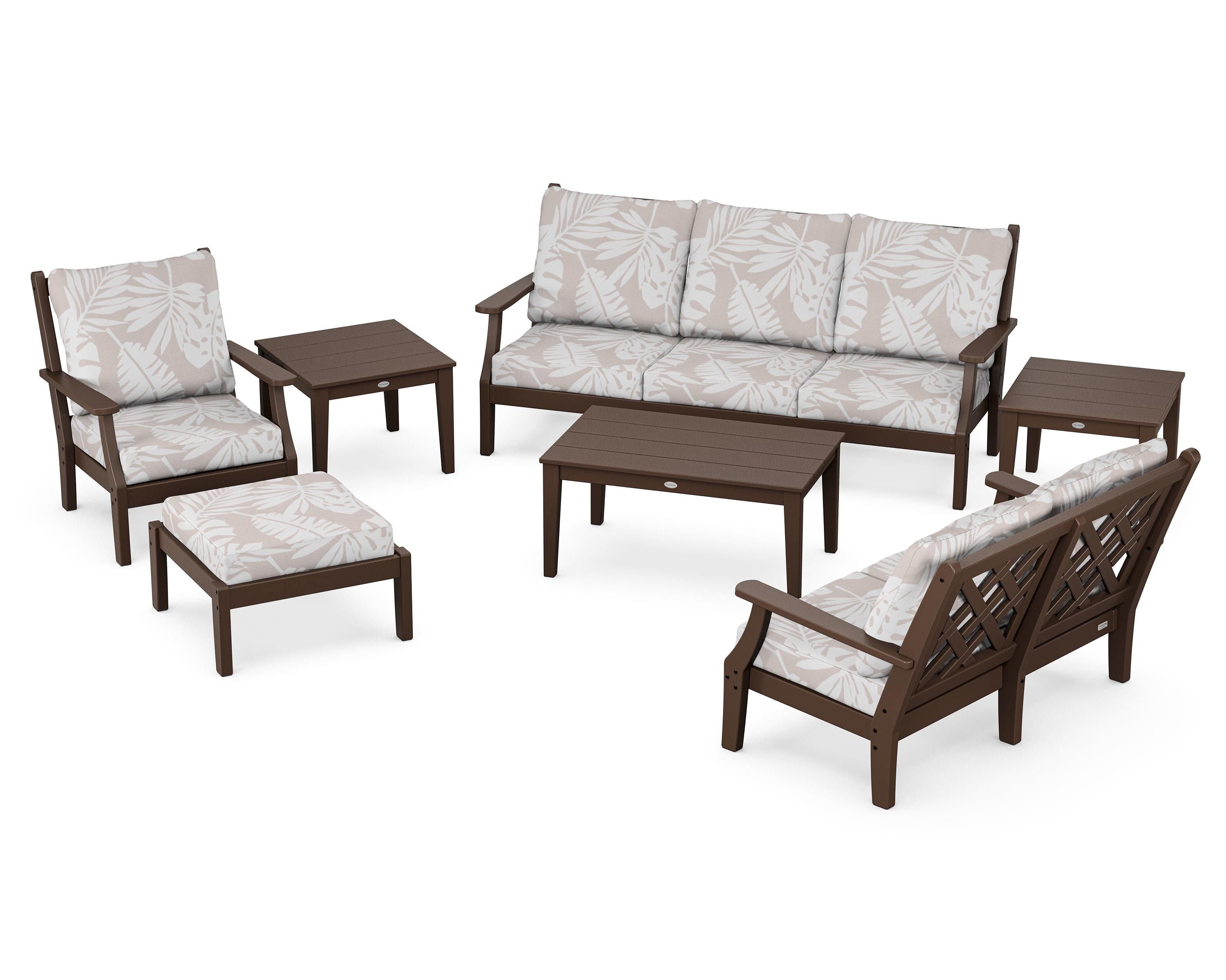 Country Living Wovendale 7-Piece Deep Seating Set in Mahogany / Leaf Dune Burlap
